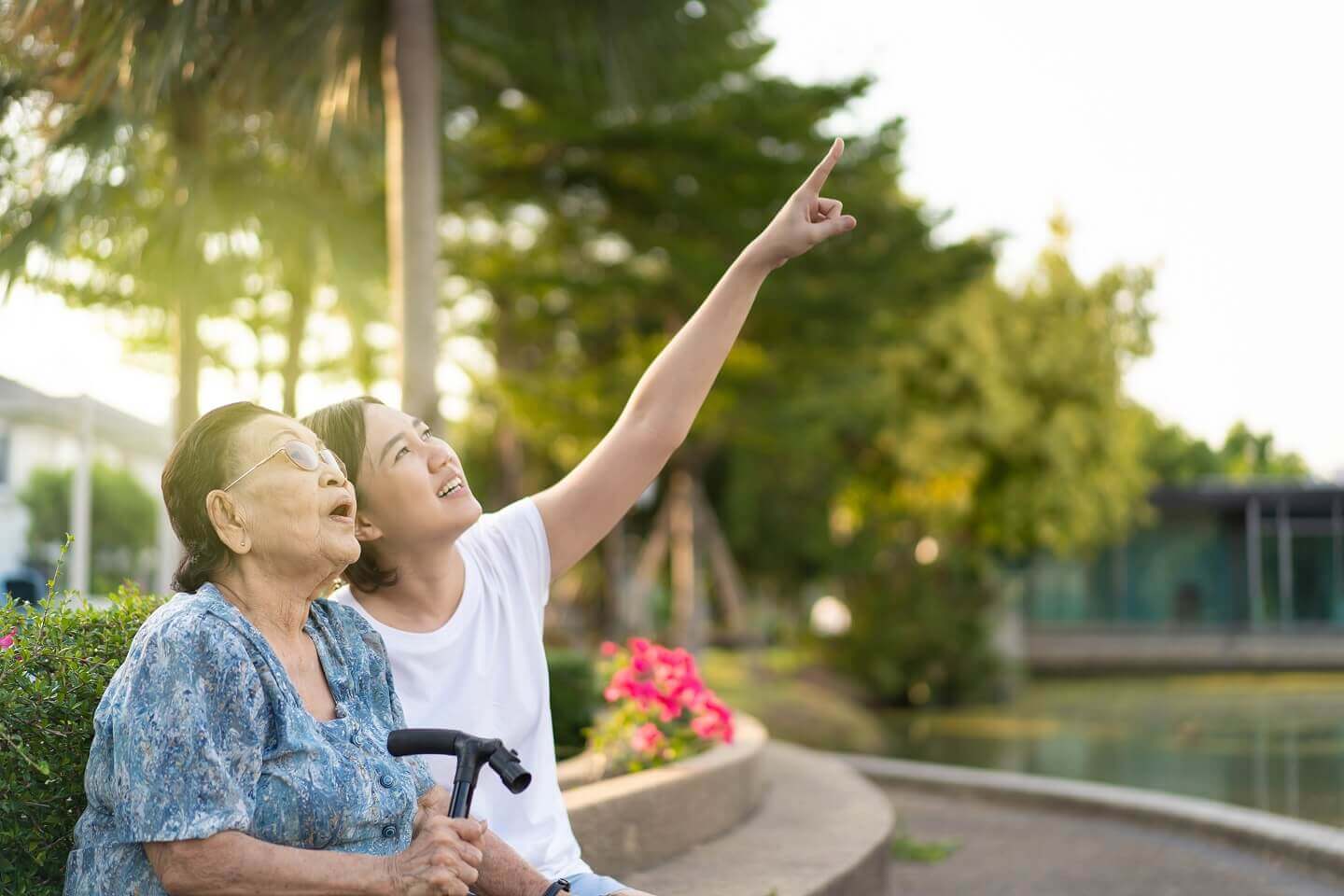 A Volunteer Pointing Out Something in the Sky to an Elderly Woman - ViaQuest Hospice